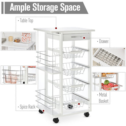 HOMCOM Rolling Kitchen Cart, Utility Storage Cart with 4 Basket Drawers & Side Racks, Wheels for Dining Room, White
