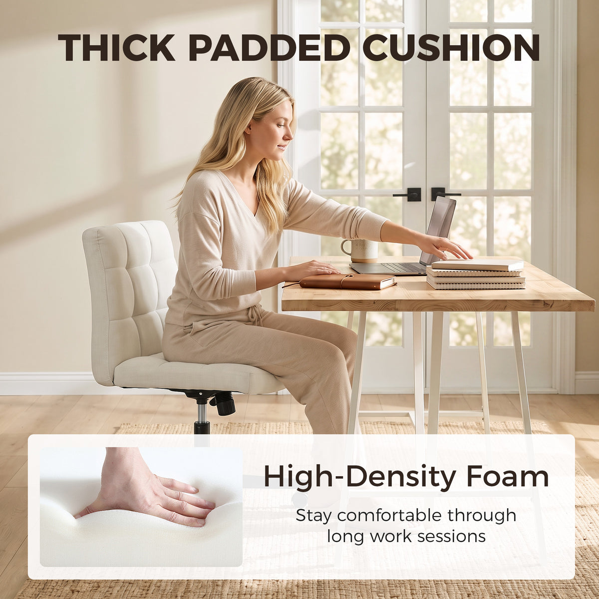 HOMCOM Armless Office Chair, Cross Legged Linen Computer Desk Vanity Chair with Wide Seat, Rocking Function, Beige