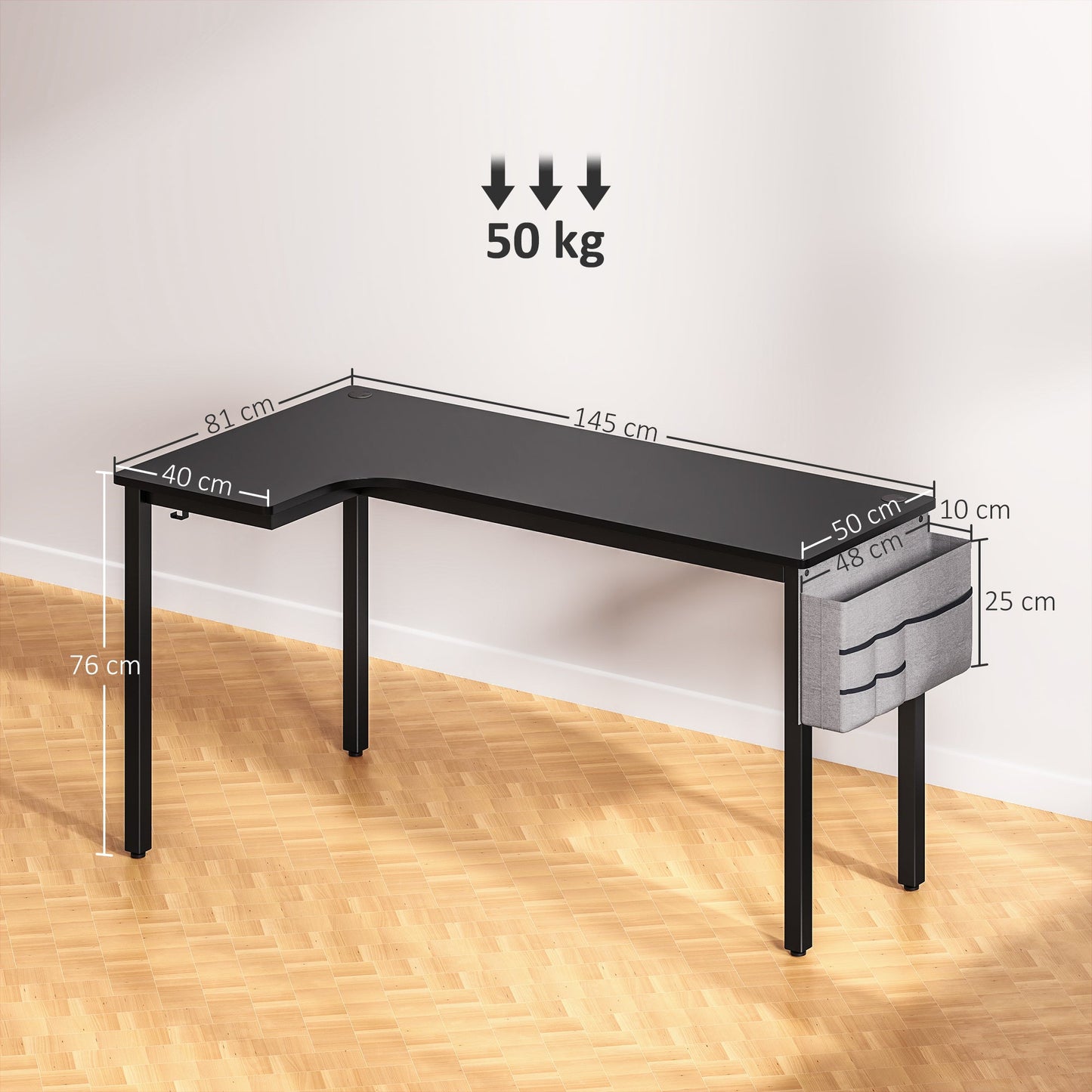 Biurko komputerowe do gier HOMCOM w kształcie litery L z torbą materiałową, haczykami i systemem zarządzania kablami, 145 x 81 x 76 cm - czarne