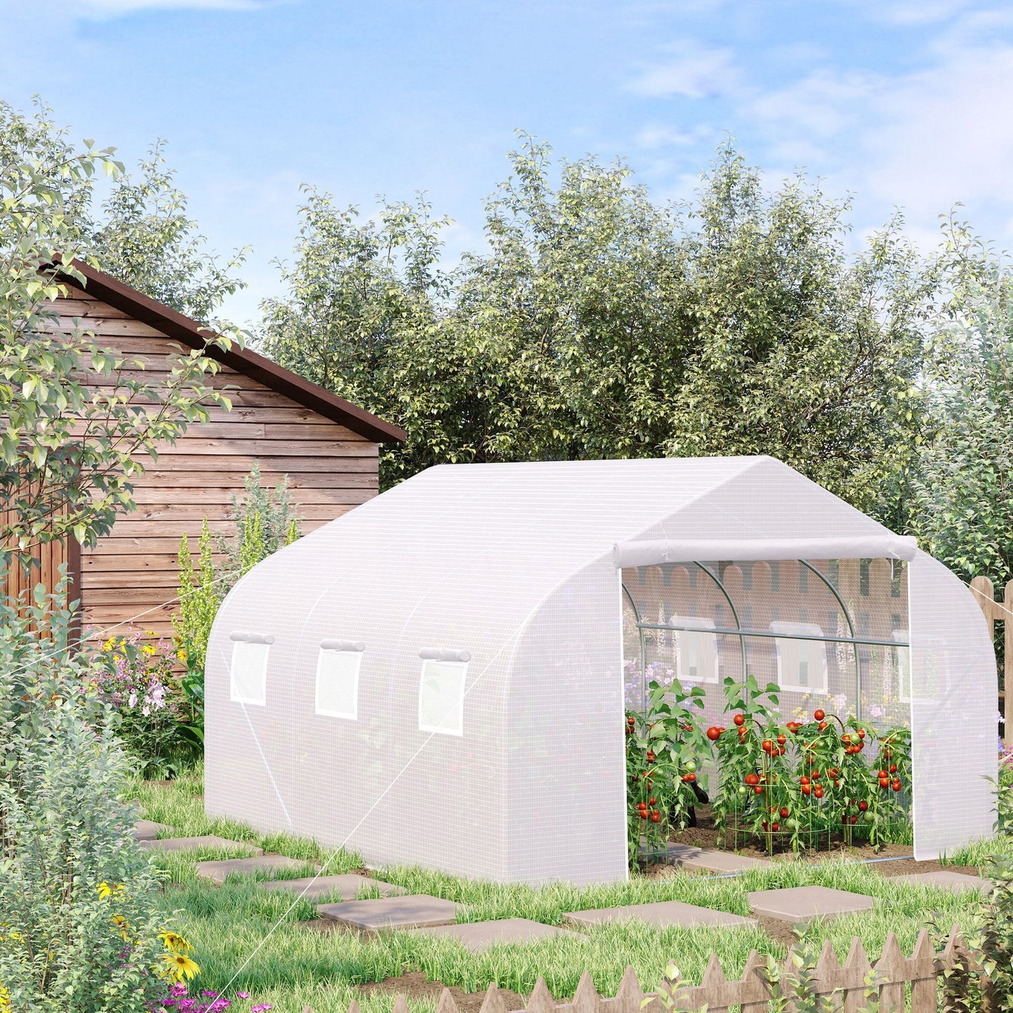 Outsunny 4.5 x 3 x 2m Walk-In Polytunnel Greenhouse Garden Hot House مع إطار فولاذي، باب ونوافذ قابلة للطي، أبيض