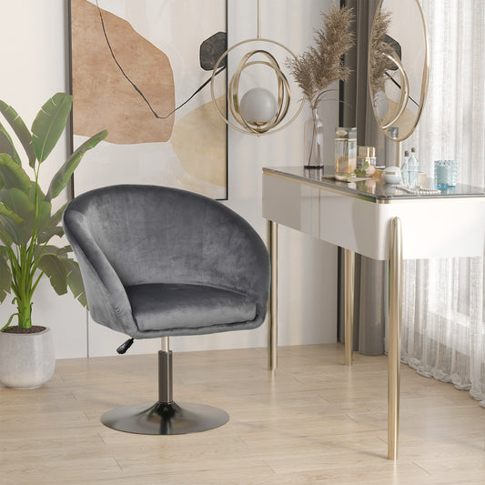 HOMCOM Dressing Table Chair, 360 Swivel Velvet-feel Upholstered Vanity Chair with Tub Seat, Back, Adjustable Height for Bedroom Makeup, Grey