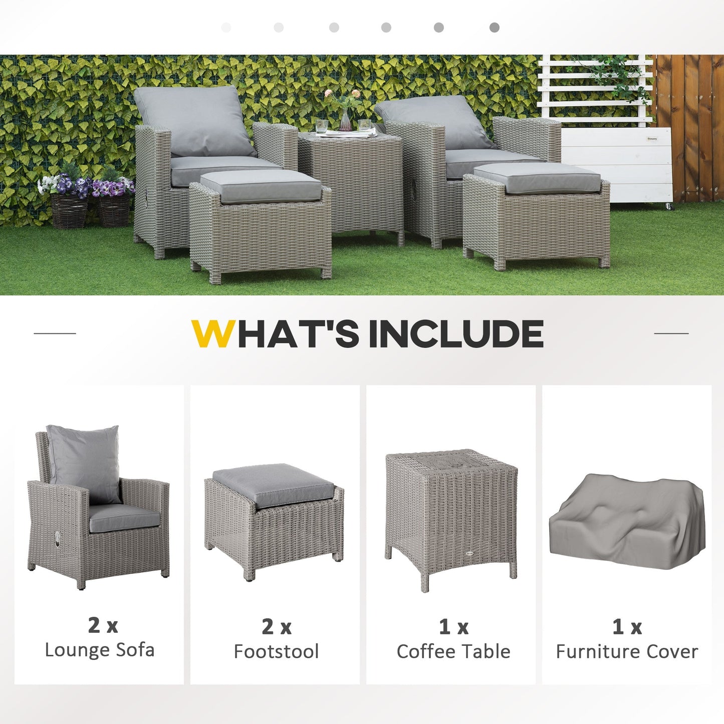 Outsunny 5 Pieces Outdoor PE Rattan Garden Furniture with Cushions, Patio Lounge Adjustable Backrest Chairs, Footstools and Cooler Bar Coffee Table & Cover, Grey