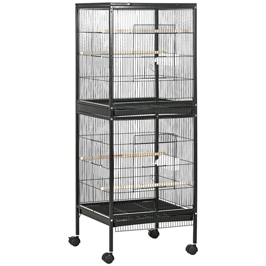 PawHut Bird Cage Budgie Cage 2 In 1 Large Aviary with Wheels Removable Trays for Finch Canaries Cockatiels Black