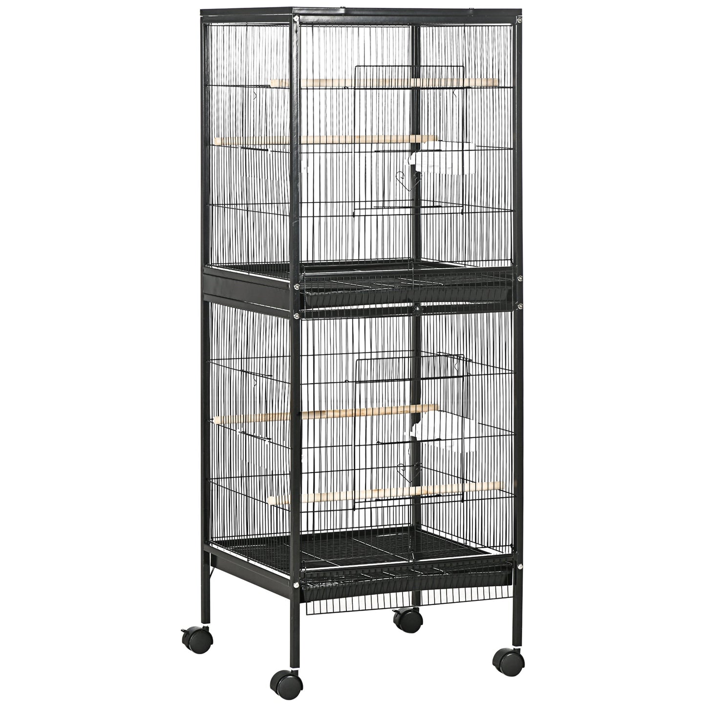 PawHut Bird Cage Budgie Cage 2 In 1 Large Aviary with Wheels Removable Trays for Finch Canaries Cockatiels Black