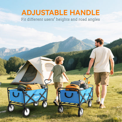 Outsunny 135L Festival Trolley on Wheels, Folding Wagon Camping Trolley Cart with Adjustable Handle, Dual Brakes, Portable Wagon Cart for Outdoor, Garden, Shopping, Fishing, Blue