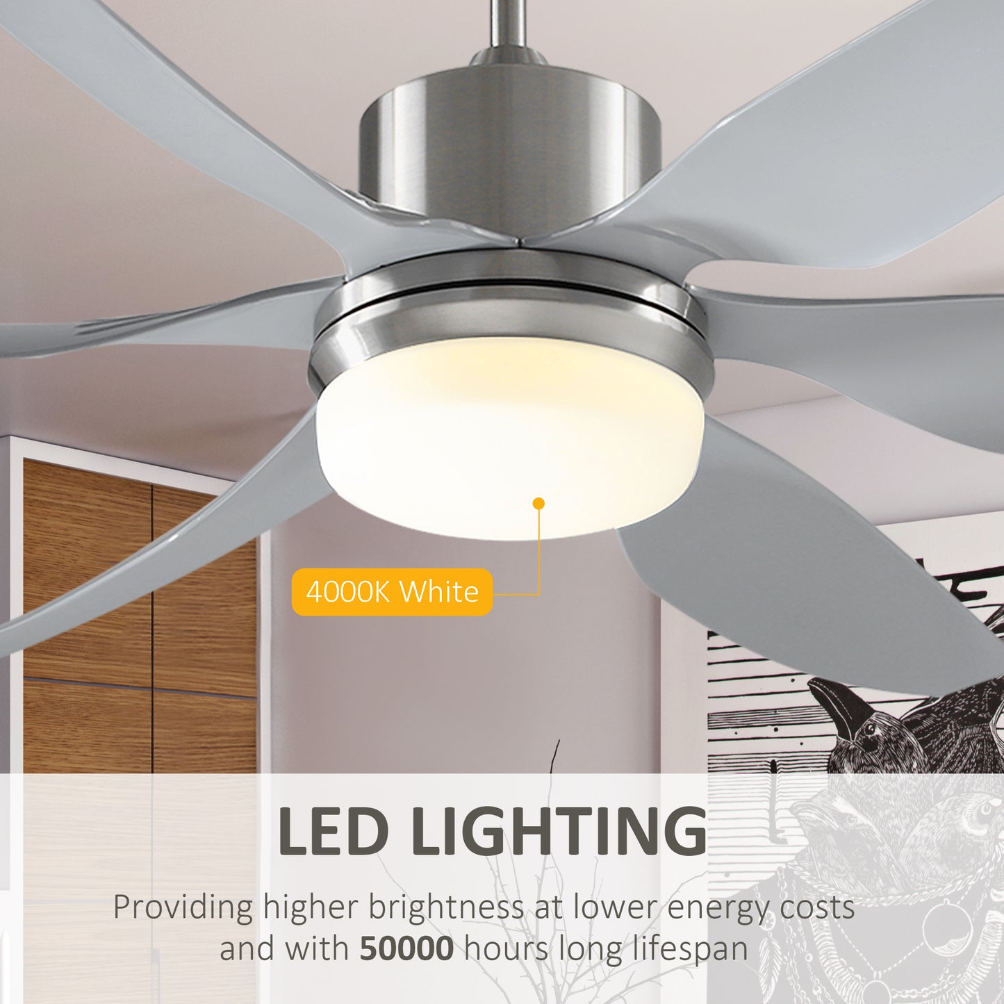 HOMCOM Set of 2 Reversible Ceiling Fan with Light, 6 Blades Indoor Modern Mount LED Lighting Fan with Remote Controller, for Bedroom, Living Room, Silver