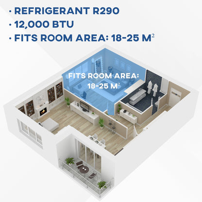 مروحة تبريد ومكيف هواء محمول بقدرة 12,000 وحدة حرارية بريطانية للغرفة بمساحة تصل إلى 25 مترًا مربعًا، مع جهاز تحكم عن بعد وشاشة LED ومؤقت 24 ساعة ومجموعة تثبيت على النافذة، باللون الأبيض
