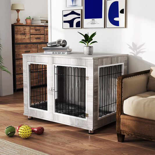 PawHut Indoor Dog Kennel w/ Soft Cushion, Double Doors dla dużych psów, 106 x 74 x 81,5 cm, szary