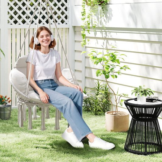 Outsunny Hanging Chair Outdoor Hammock Chair with Soft Cushion, Cotton Rope Boho Style Swing Chair, Hanging Garden Swing Seat for Indoor Outdoor, Cream White