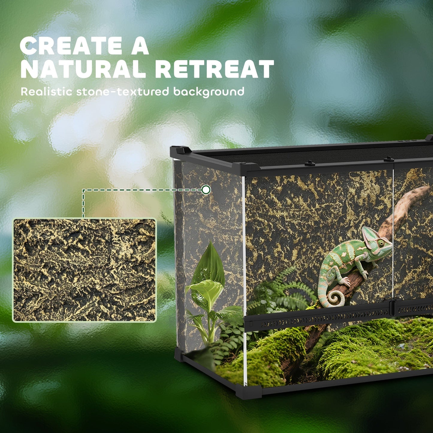 PawHut Reptile Glass Terrarium with Stone Background, Front Ventilation, Escape-Proof Knob Lock, 50 x 30 x 35 cm, Black