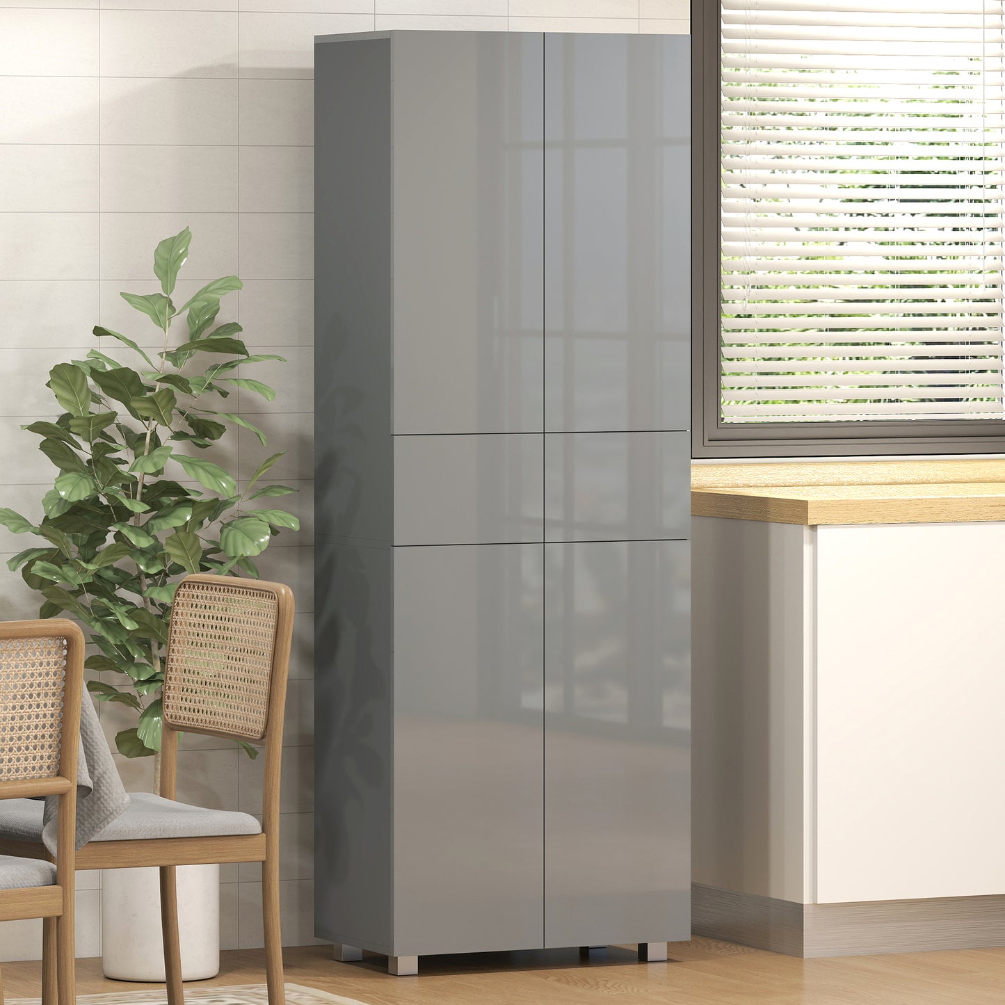 HOMCOM Storage Cabinet, Kitchen Cupboard with 3 Adjustable Shelves, 60L x 35W x 170H cm, High Gloss Grey