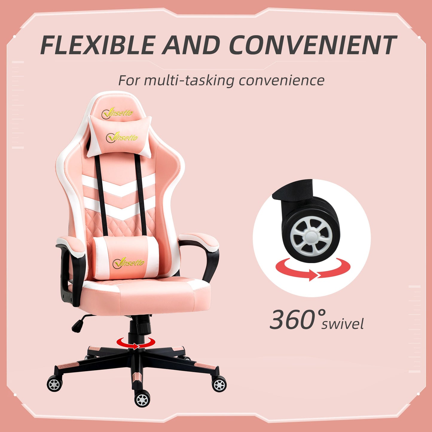 Vinsetto Gaming Chair, Computer Desk Chair with Lumbar Support, Faux Leather Racing Chair with Headrest and Swivel Wheels for Home Office, Pink