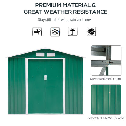 Outsunny 7ft x 4ft Lockable Garden Shed Large Patio Roofed Tool Metal Storage Building Foundation Sheds Box Outdoor Furniture, Green