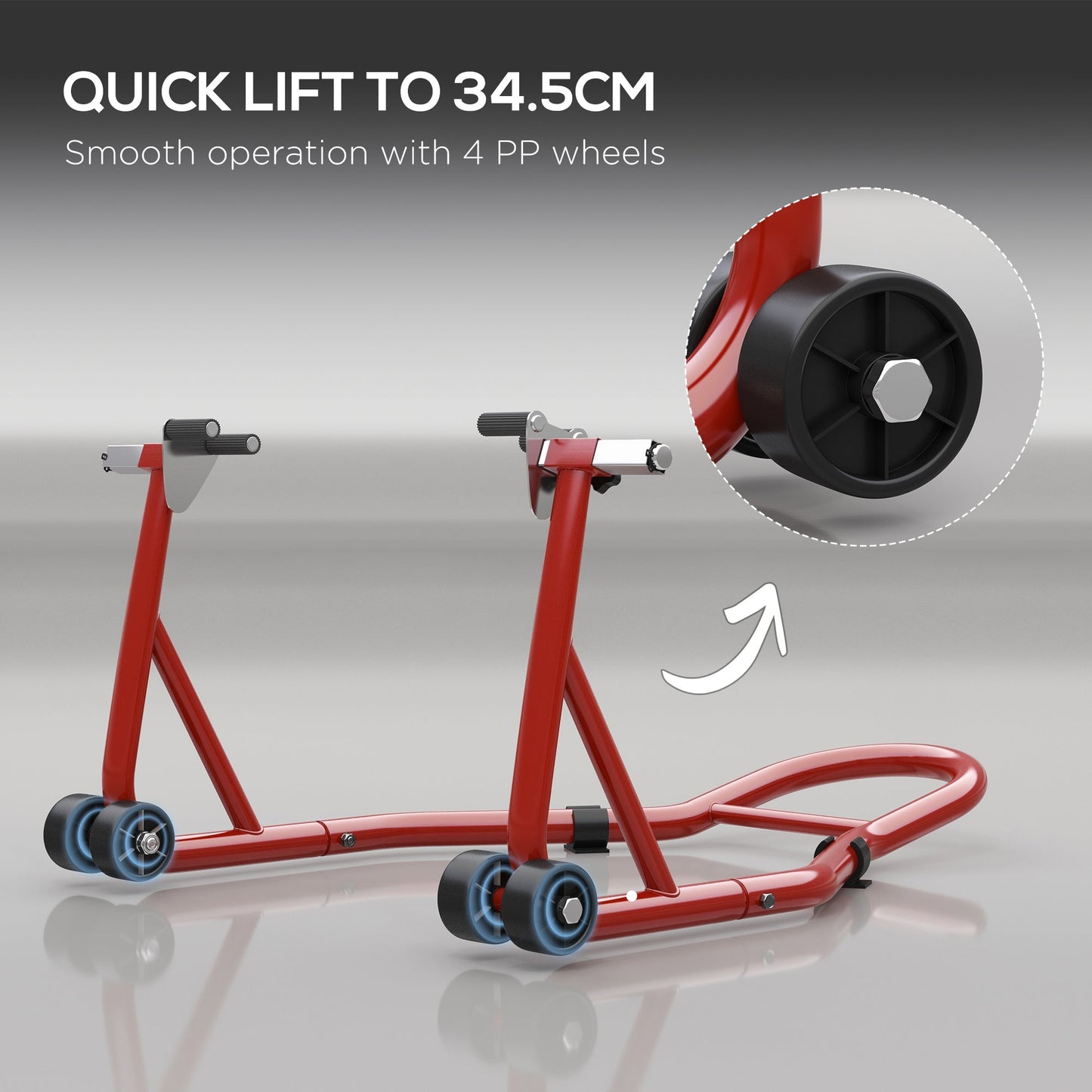 Stojak motocyklowy HOMCOM Front Motorcycle Paddock Stand z matą antypoślizgową, adaptery w kształcie litery U i L, nośność 200 kg, do opon 18", 17" i 10", czerwony