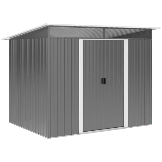 Metalowa szopa ogrodowa Outsunny Garden House Hut, przechowywanie narzędzi ogrodniczych z pochylonym dachem i wentylacją, 8,5 x 6 stóp, szara