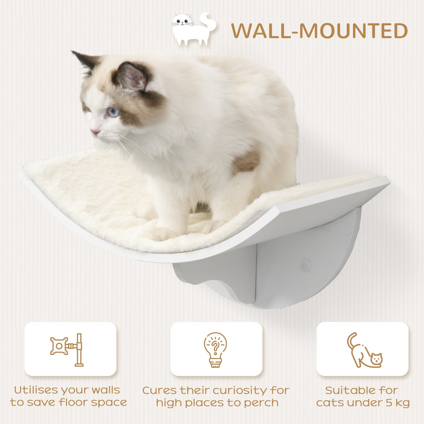 PawHut Wood Cat Shelves, Wall-Mounted Cat Shelter, Curved Kitten Bed Perch Climber Furniture 41 x 28 x 21cm White