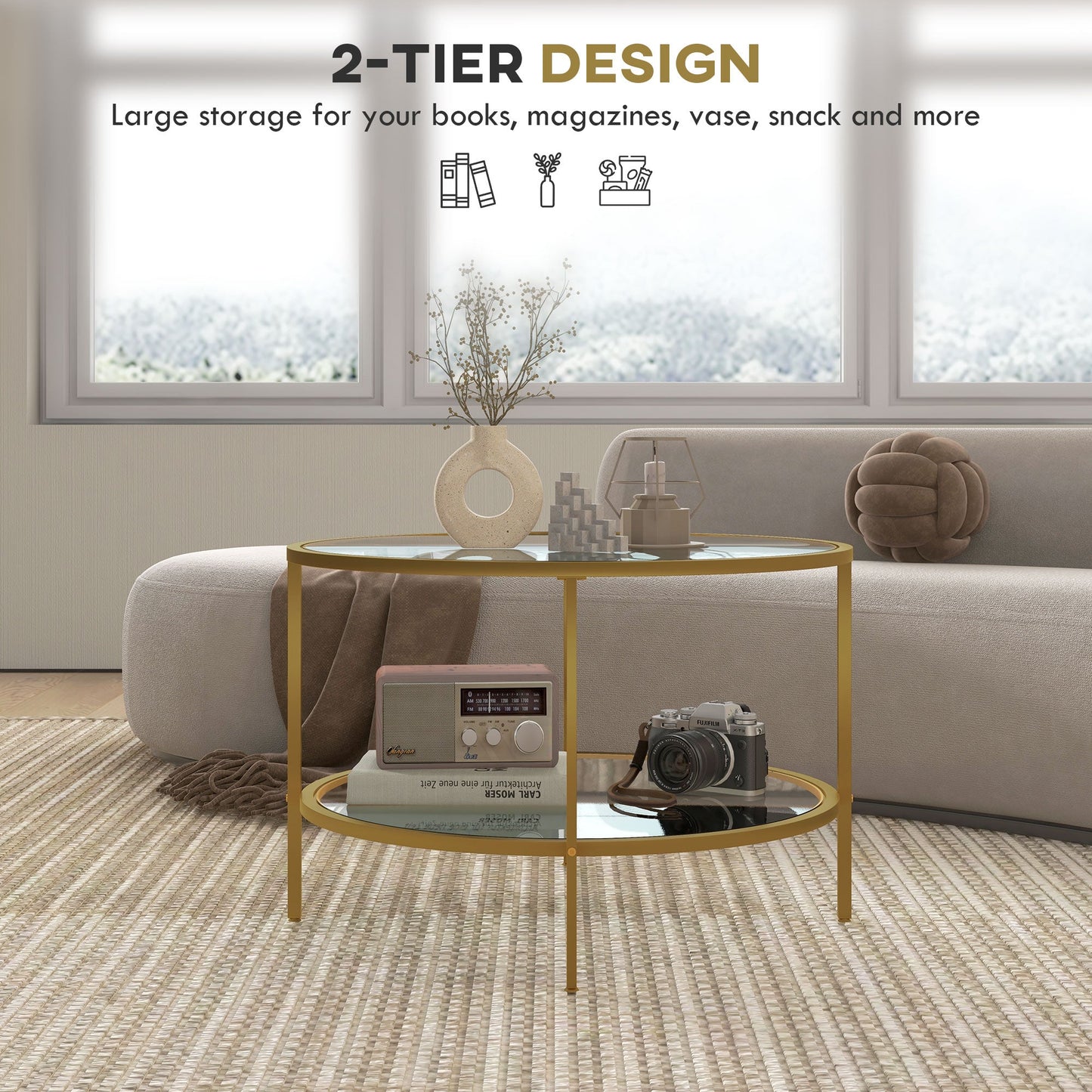 HOMCOM Round Coffee Table with Storage, 2-Tier Tempered Glass Coffee Table with Steel Frame for Living Room, Gold Tone
