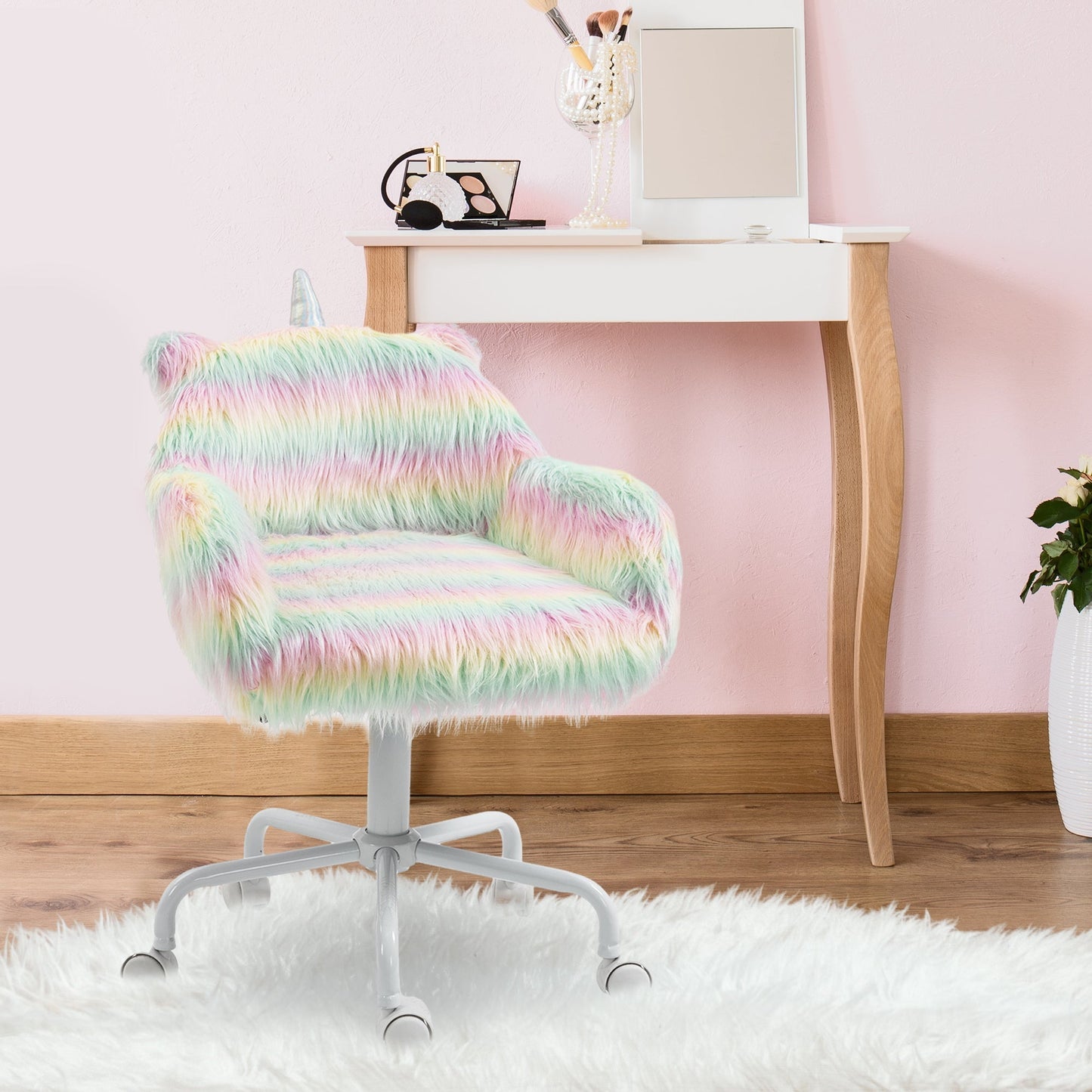 Vinsetto Unicorn Home Office Chair, Height Adjustable Fluffy Desk Chair with Armrests and Swivel Wheels, Colourful