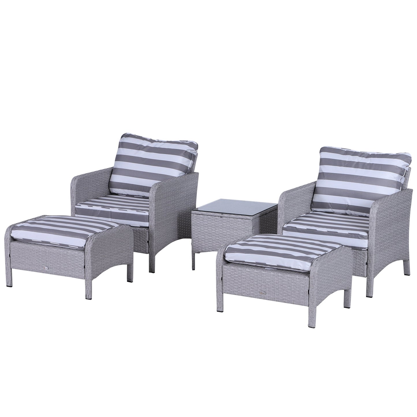 Outsunny 2 Seater PE Rattan Garden Furniture Set, 2 Armchairs 2 Stools Glass Top Table Cushions Wicker Weave Chairs Outdoor Seating - Grey