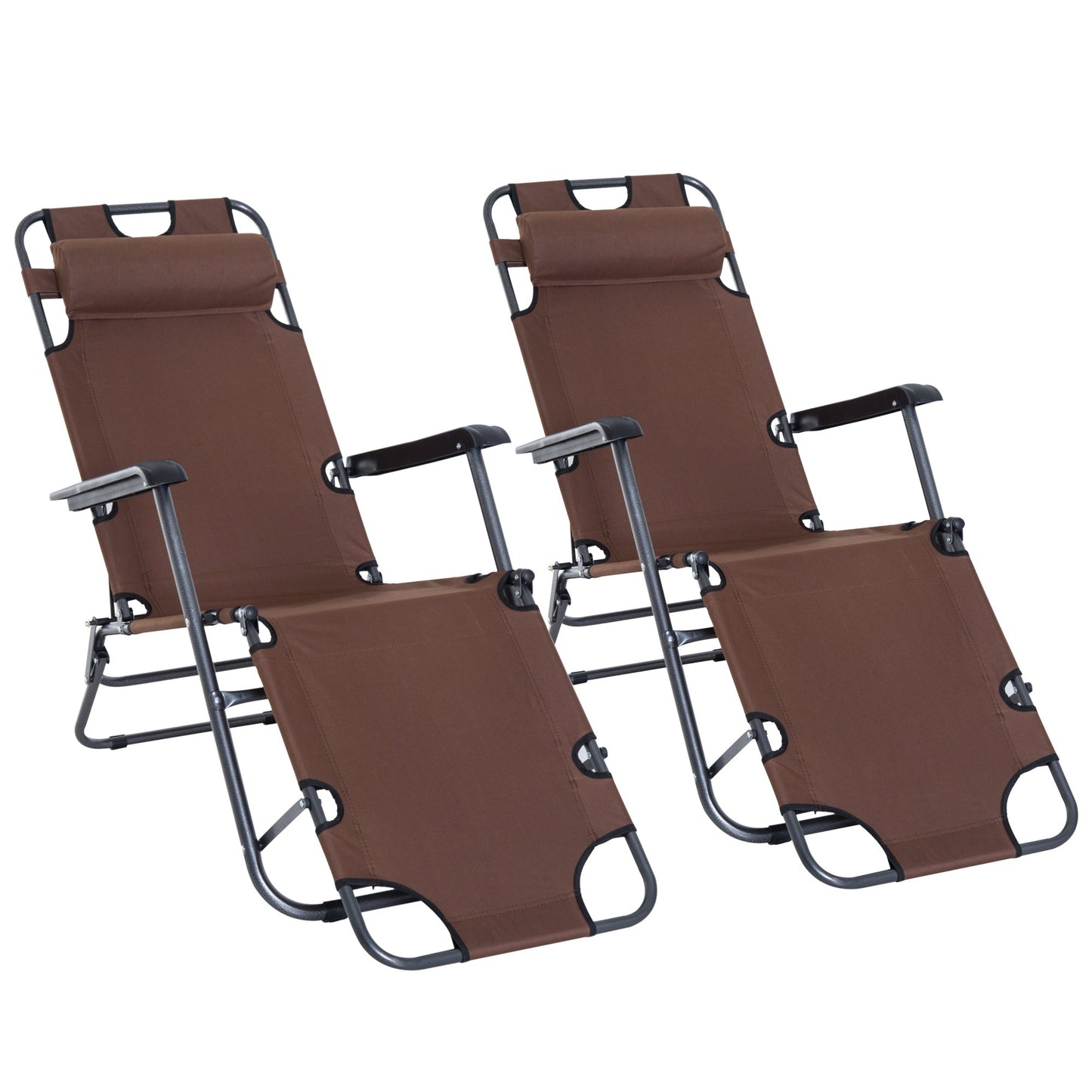 Outsunny 2 Pieces Foldable Sun Loungers with Adjustable Back, Outdoor Reclining Garden Chairs with Pillow and Armrests, Brown