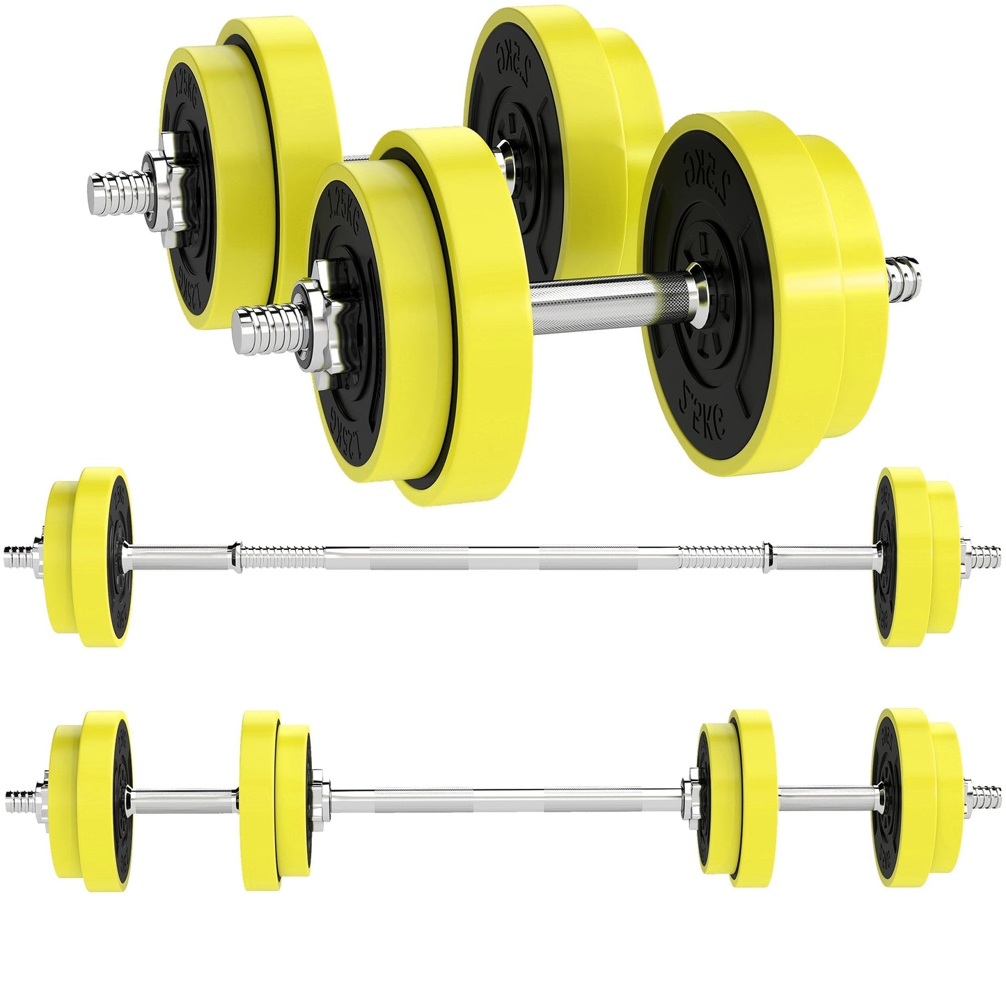 HOMCOM 20KGS 2-In-1 Dumbbell & Barbell Adjustable Set Strength Muscle Exercise Fitness Plate Bar Clamp Rod Home Gym Sports Area, Yellow