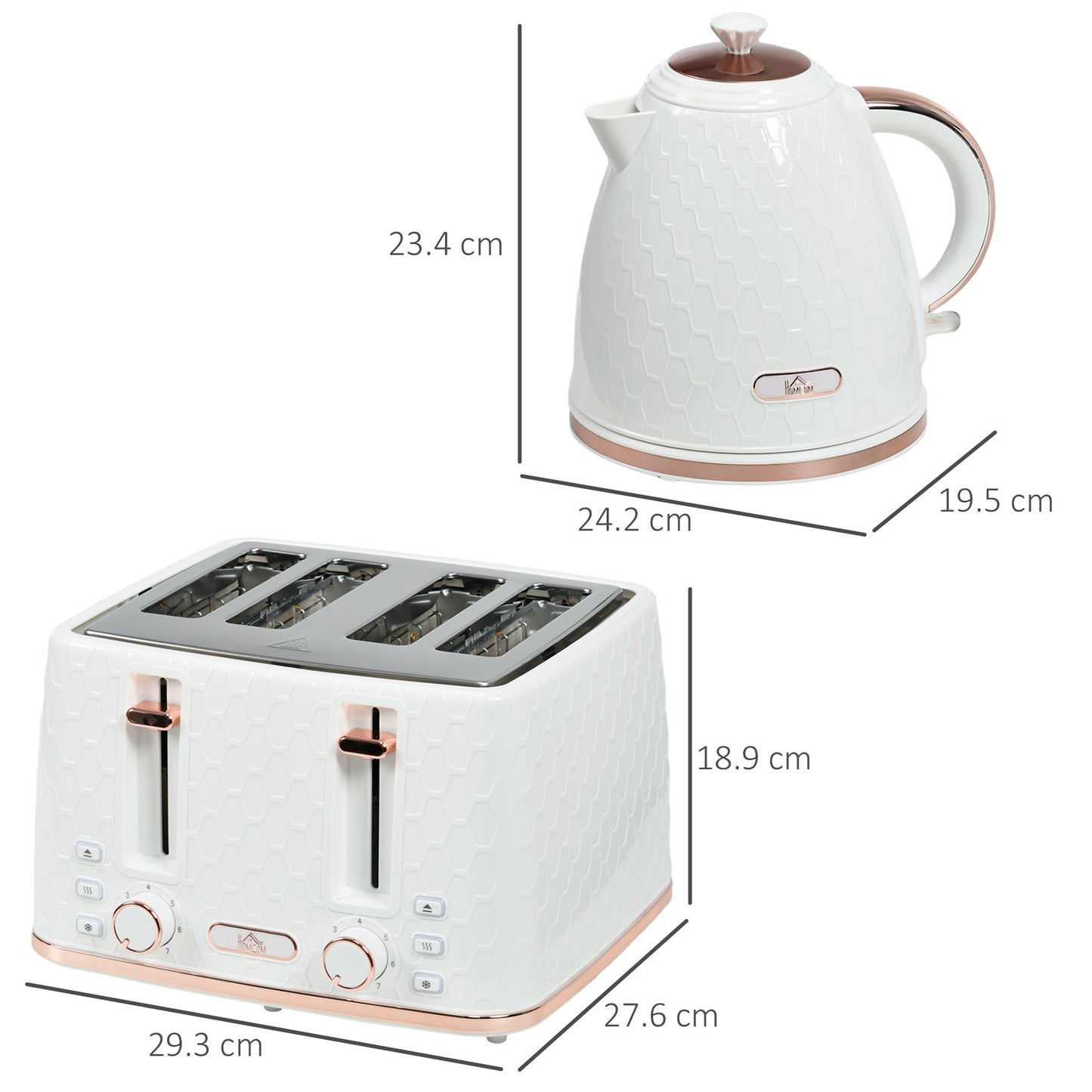 HOMCOM 1,7 l 3000 W czajnik do szybkiego gotowania i zestaw tostera na 4 kromki, zestaw czajnika i tostera z 7 przyciskami do przyrumieniania, tacka na okruchy, biały