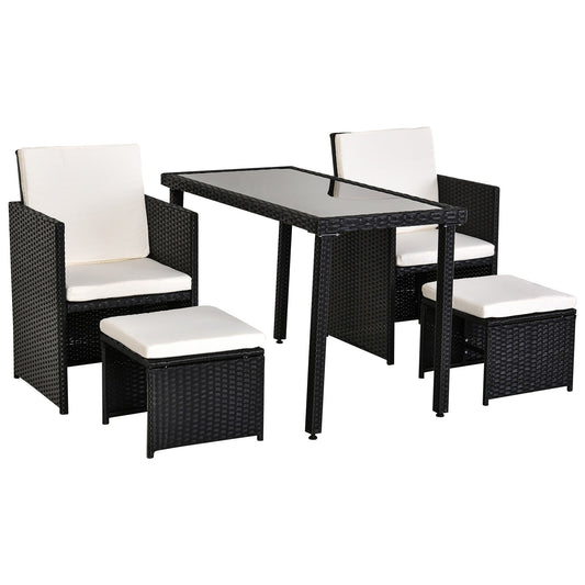 Outsunny 4-Seater Rattan Garden Furniture Space-saving Wicker Weave Sofa Set Conservatory Dining Table Table Chair Footrest Cushioned Black