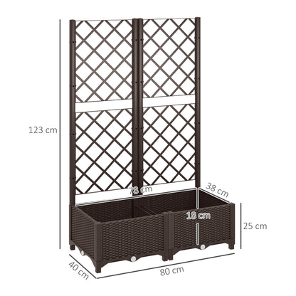 Outsunny Raised Garden Bed with Trellis, Plastic Planter Box with Drainage Holes and Drain Plugs for Climbing Plants, Vegetables, Flowers, Brown
