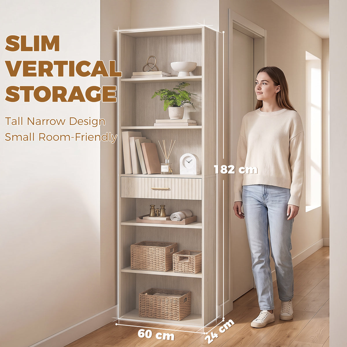 HOMCOM Bookcase Narrow Tall Space-Saving Bookshelf Drawer Open Shelves 60 x 24 x 182 cm Oak Wood Effect