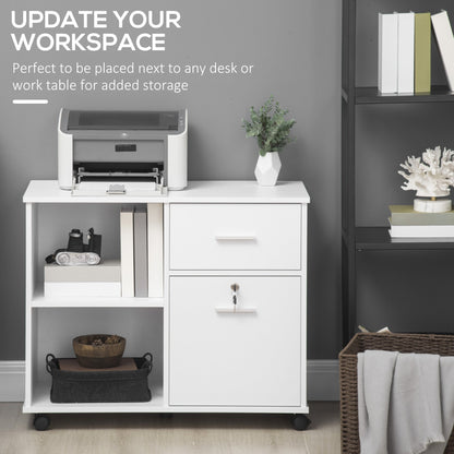 Vinsetto Filing Cabinet with Wheels, Mobile Printer Stand with Open Shelves and Drawers for A4 Size Documents, White