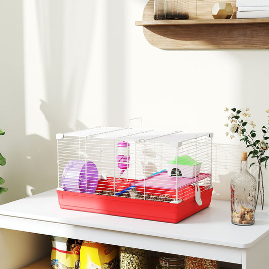 PawHut Hamster Cage, Small Gerbil Cage 2 Tiers Portable w/ Handle, Exercise Wheel, Water Bottle, Dishes