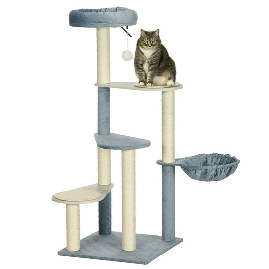 PawHut 118.5cm Cat Tree for Indoor Cats, Cat Tower with Scratching Posts, Mats, Hammock, Cat Bed, Ball Toy, Grey Blue