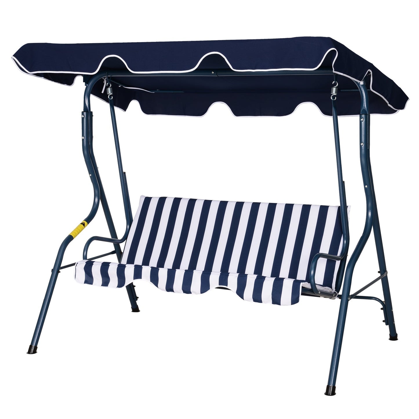 Outsunny 3 Seater Garden Swing Chair， Outdoor Garden Bench with Adjustable Sun Cover and Metal Frame - Blue Stripes