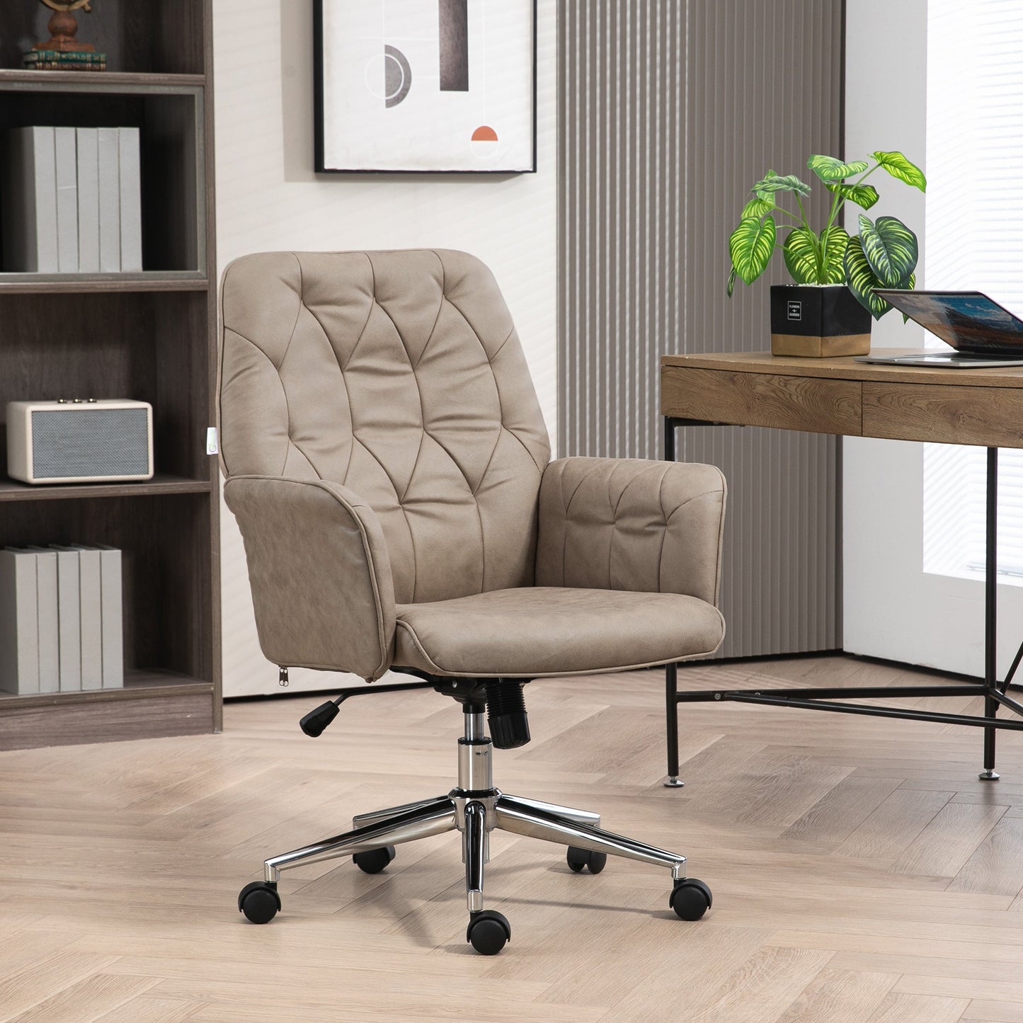 Vinsetto Retro Style Microfibre Computer Chair with Armrest, Modern Swivel Chair with Adjustable Height, Khaki