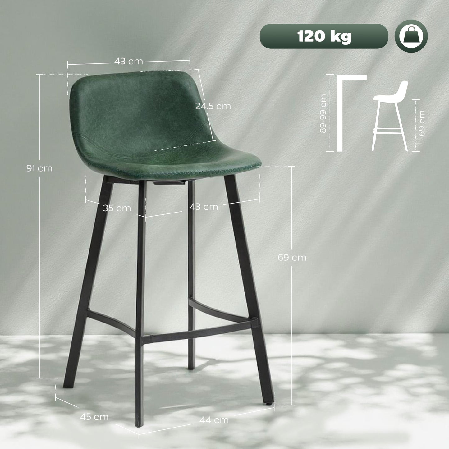 HOMCOM Bar Stools Set of 2, PU Leather Dining Stools with Backrest, Footrest, for Kitchen, Counter, Breakfast Bar, Green