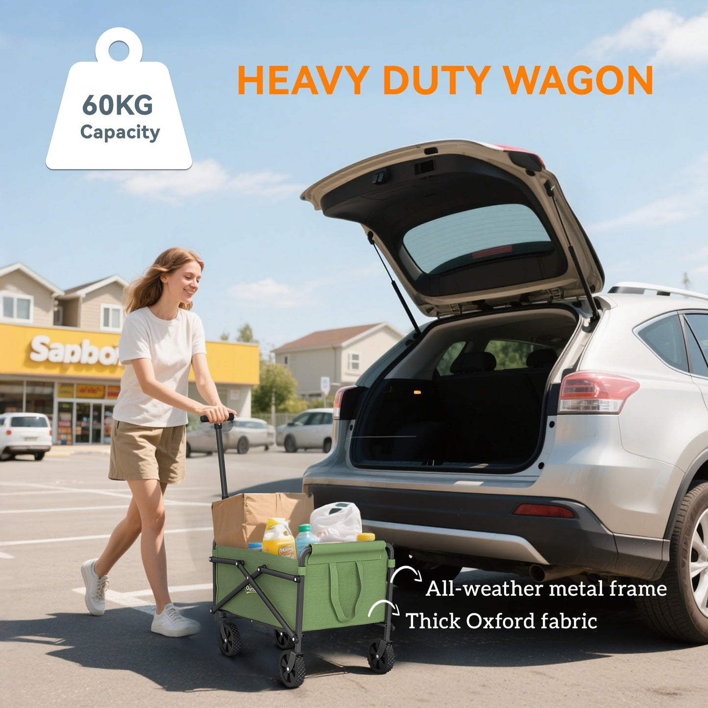 Outsunny 41L Festival Trolley on Wheels, Small Garden Folding Trolley Cart, 60kg Heavy Duty Collapsible Folding Wagon with Adjustable Handle and Carrying Bag for Beach, Camping, Festival, Green