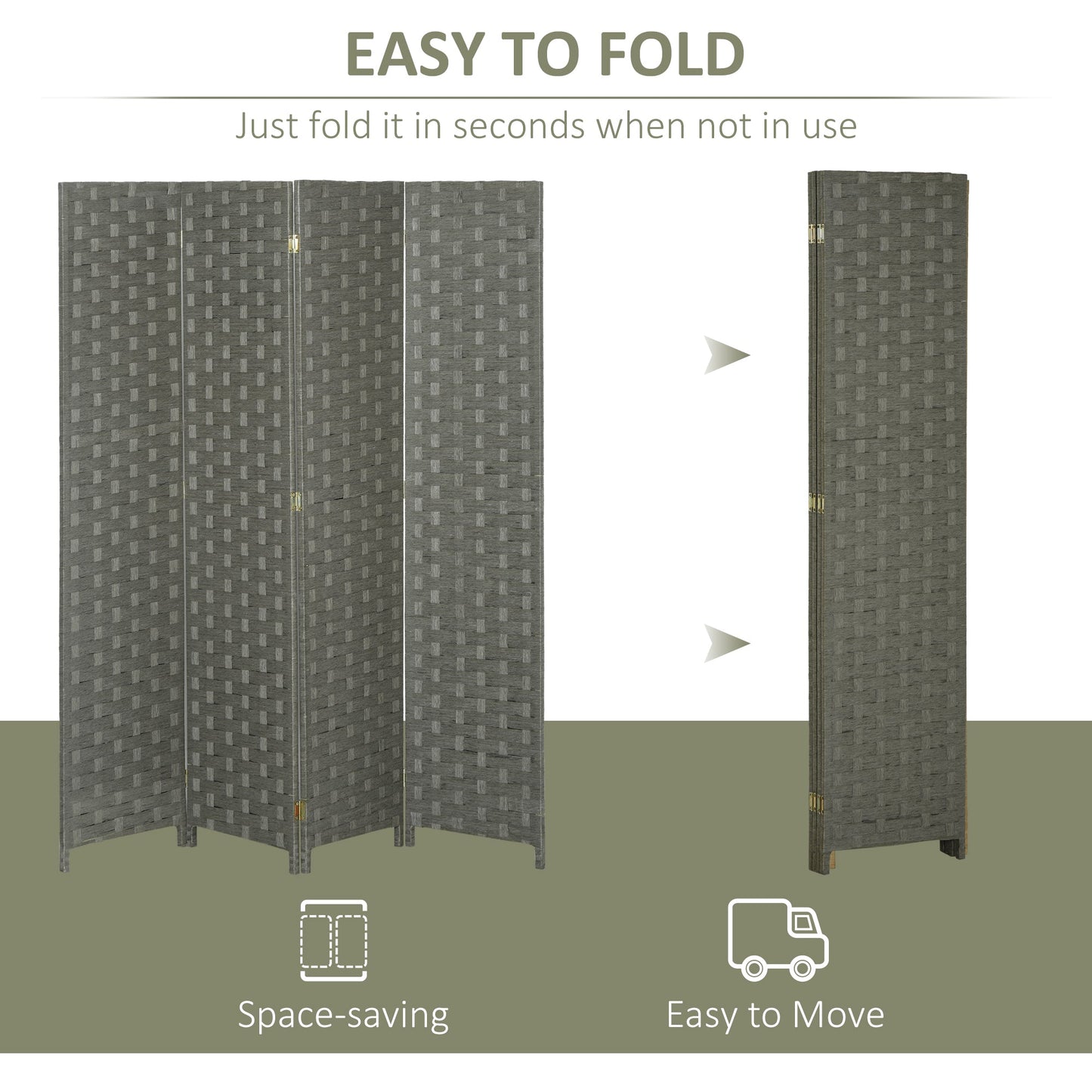 HOMCOM 4-Panel Room Dividers, Wave Fibre Freestanding Folding Privacy Screen Panels, Partition Wall Divider for Indoor Bedroom Office, 170 cm, Grey