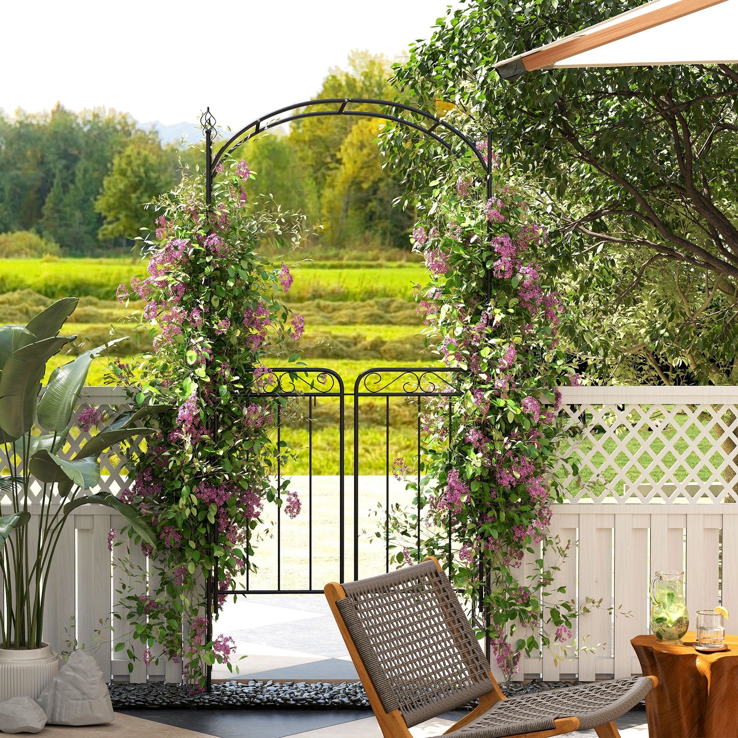 Outsunny Garden Decorative Metal Arch with Gate Outdoor Patio Trellis Arbor for Climbing Plant Archway Antique Black - 108L x 45W x 215Hcm