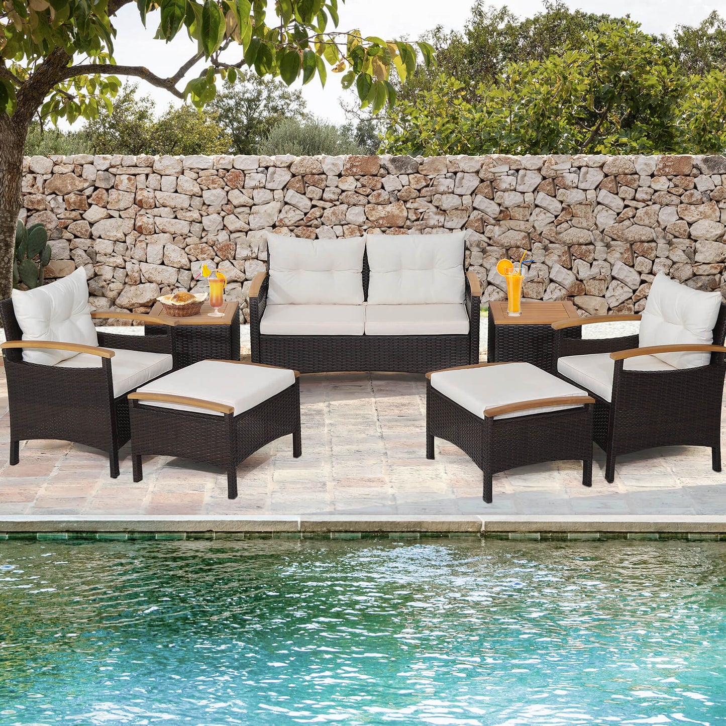 7 Piece Patio Rattan Sofa Set Outdoor with Cushions and Ottomans