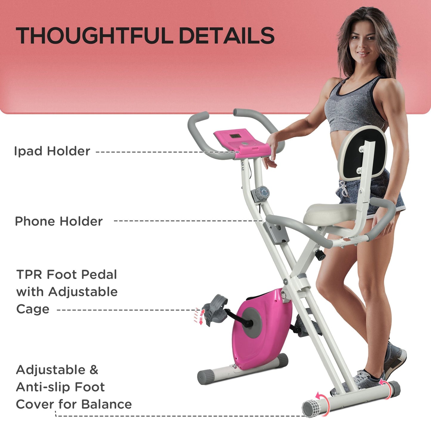 Folding Exercise Bike, Magnetic Resistance Indoor Stationary Upright Fitness Bike W/ Backrest Tablet Holder, 5 Level Adjustable Seat Height, White