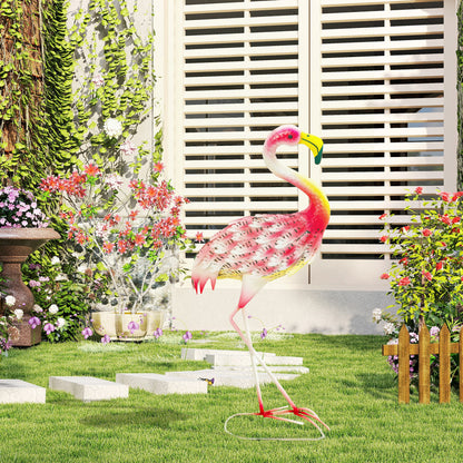 Outsunny Flamingo Garden Statue Ornament, Metal Bird Art Outdoor Statue, Stojąca rzeźba ogrodowa Prezent z kołkami do wbijania w ziemię do dekoracji krajobrazu stawu, Różowa