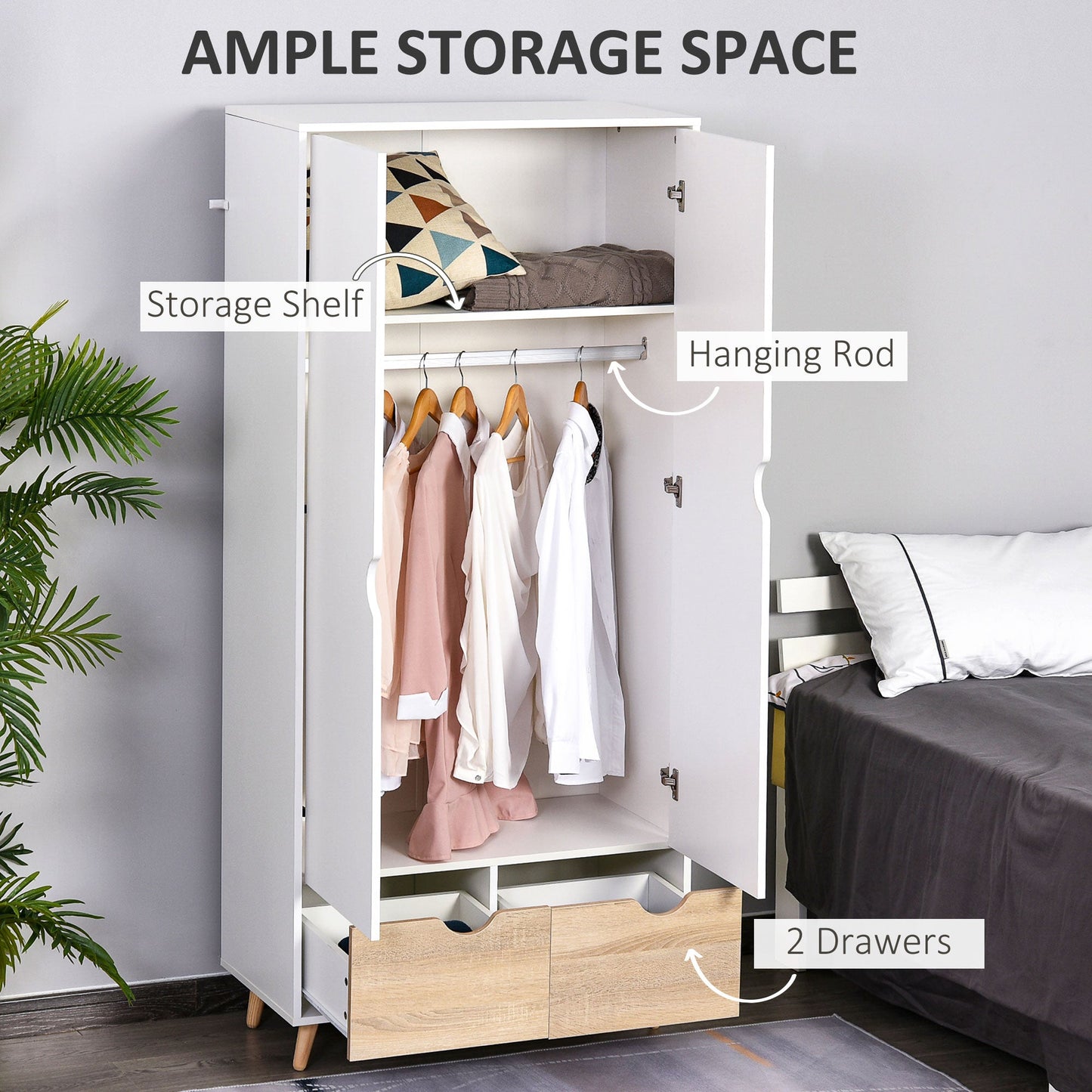 HOMCOM Bedroom Furniture Set, Wardrobe with Hanging Rod, Side Cabinet with Wood Legs, Bedside Table with Drawer, Nature Wood Finish and White