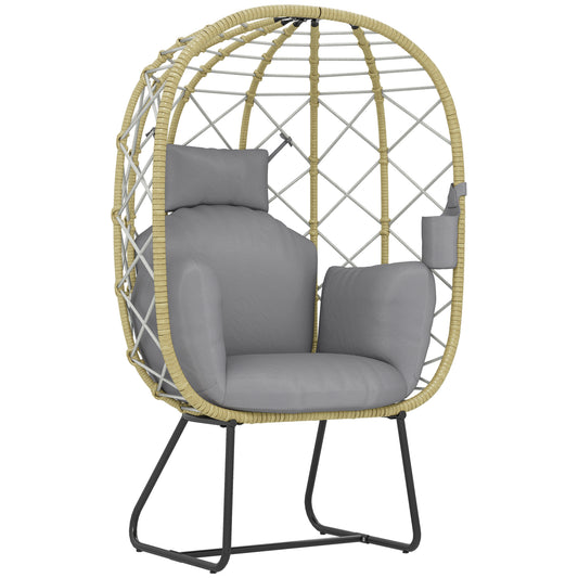 Outsunny Rattan Egg Chair Outdoor Indoor Wicker Chair z pogrubioną poduszką i zagłówkiem, stojący ogrodowy Egg Chair z uchwytem na kubek, metalowa rama na patio, balkon, szary