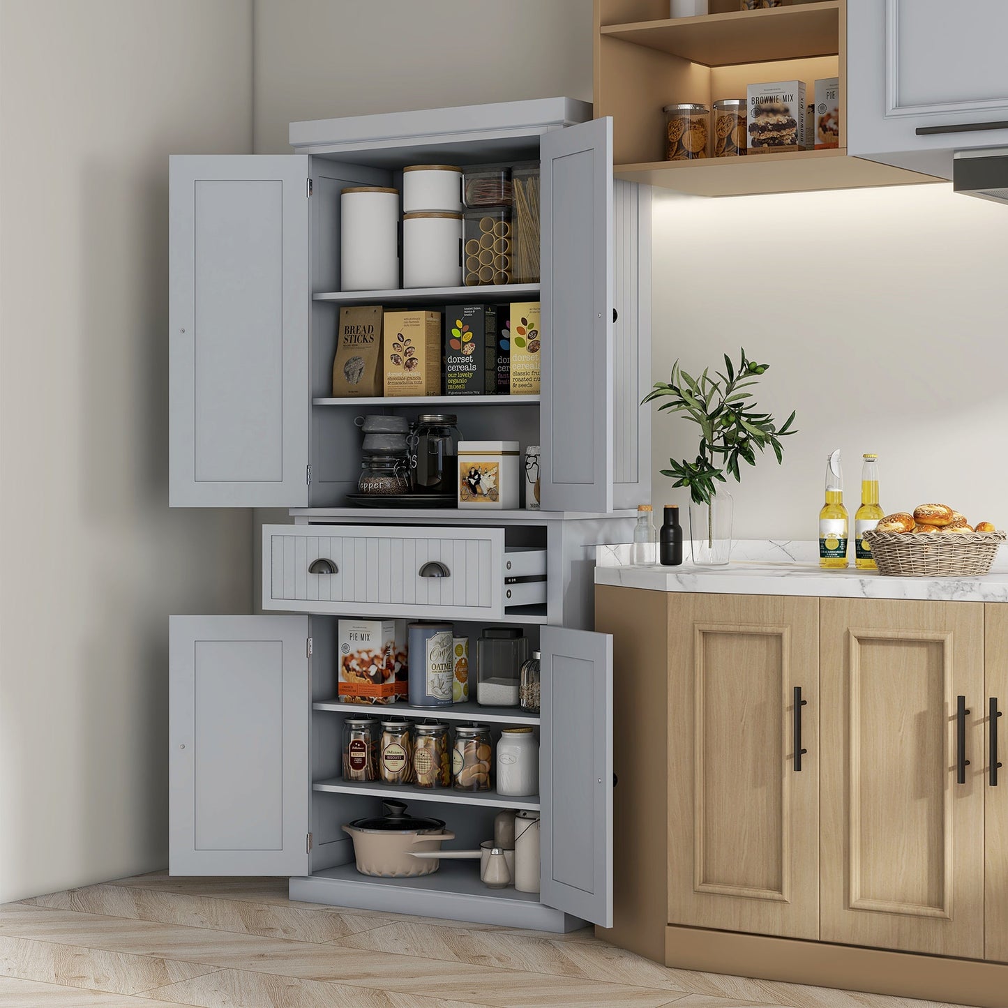 Retro Style Traditional Kitchen Cupboard Freestanding Storage Cabinet with Drawer, Doors and Adjustable Shelves, Grey