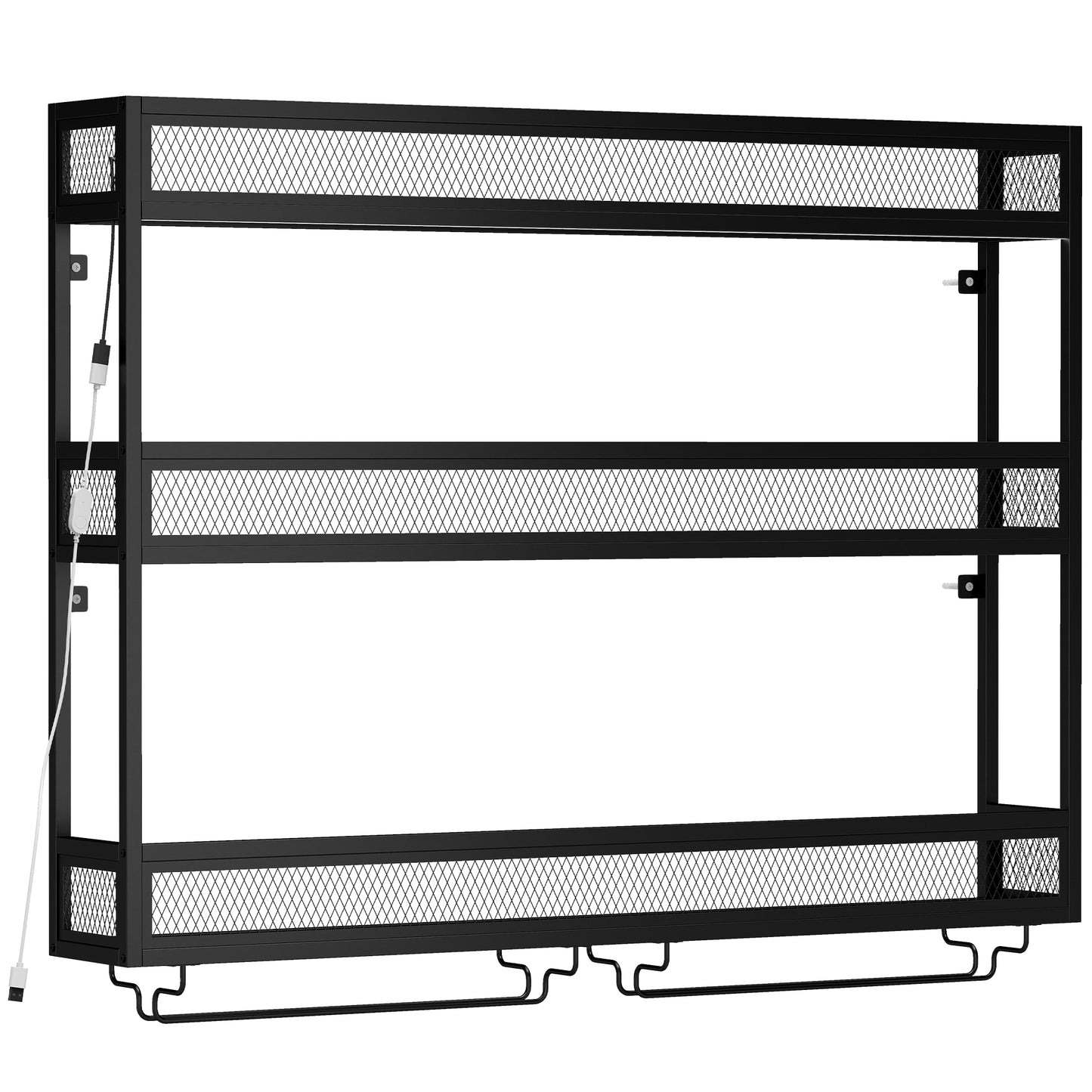 HOMCOM Wall-Mounted Wine Rack with LED Lights, Glass Holders, Open Shelf, Metal Storage Rack, Black