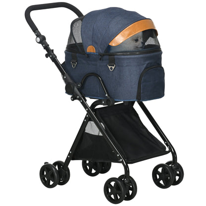 عربة أطفال PawHut Pet Stroller، حاملة كلاب 2 في 1 قابلة للطي مع 4 عجلات، مظلة قابلة للتعديل، مقود أمان، سلة تخزين للكلاب الصغيرة المصغرة، أزرق