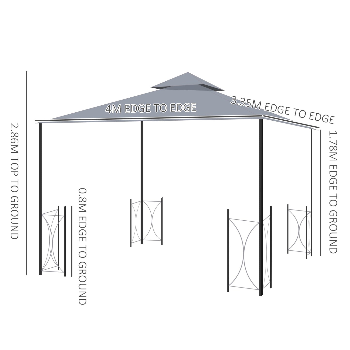 Outsunny 4 x 3.35(m) Patio Metal Gazebo Canopy Garden Tent Sun Shade, Outdoor Shelter with 2 Tier Roof, Netting and Curtains, Steel Frame, Grey