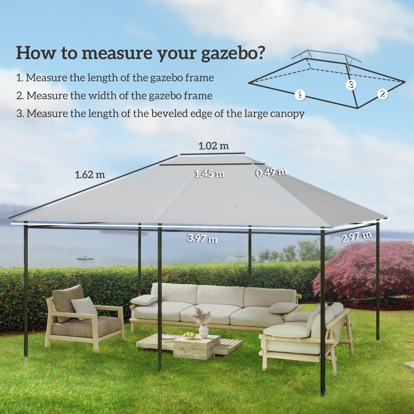 Outsunny 3 x 4m Gazebo Canopy Replacement Cover, Gazebo Roof Replacement (TOP COVER ONLY), Light Grey