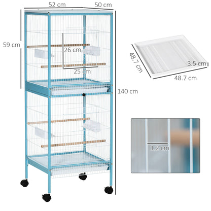 PawHut Bird Cage Budgie Cage 2 In 1 Large Aviary with Wheels Removable Trays for Finch Canaries Cockatiels Light Blue