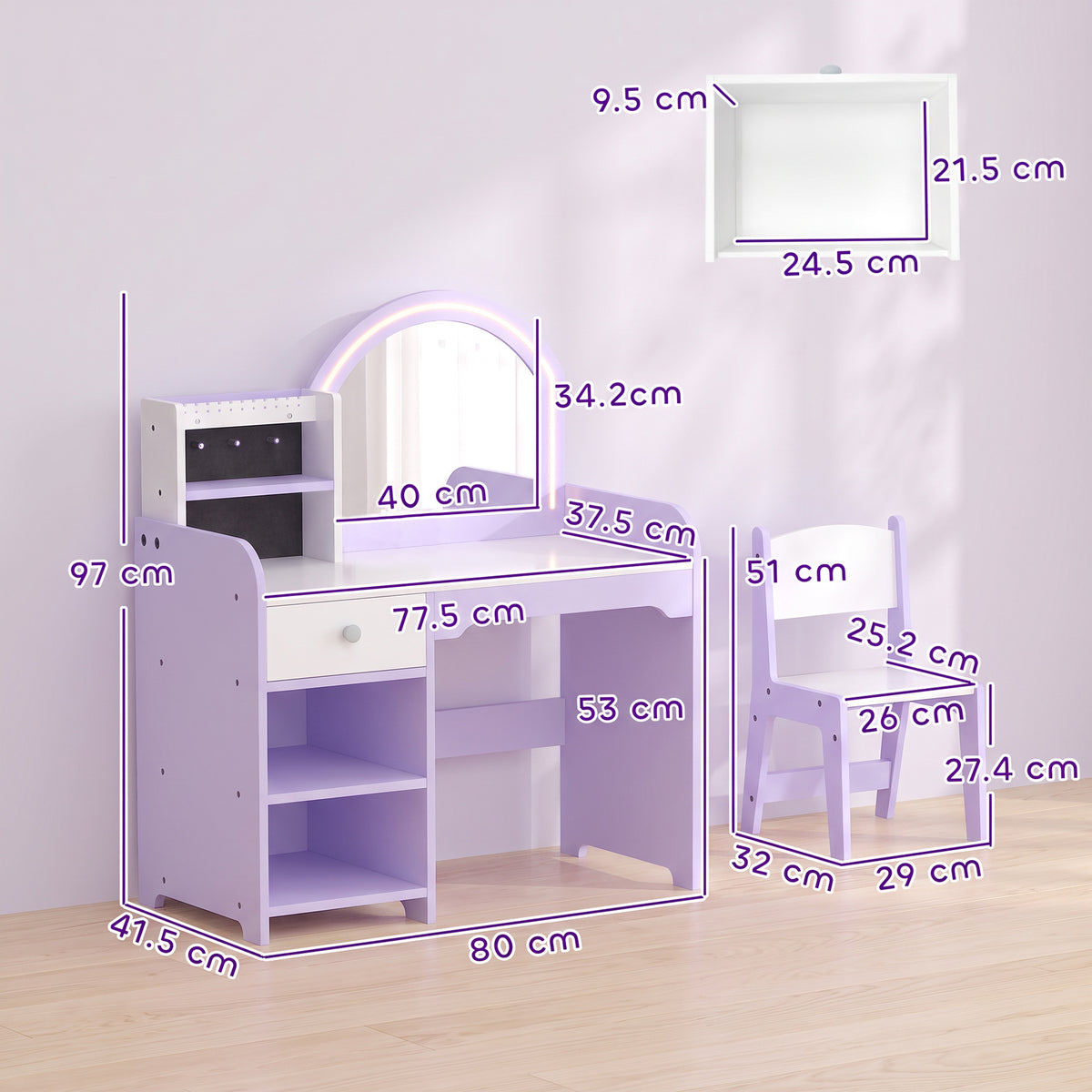 AIYAPLAY Kids Vanity Set, Kids Dressing Table with Stool, 2-Colour Lights Mirror, Pretend Dresser Gift for Ages 3-8, Purple